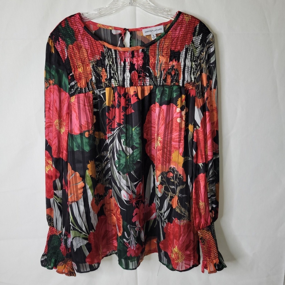 Gibson Latimer Long Sleeve Smocked Floral Print Black‎ Blouse Top - Picture 2 of 5